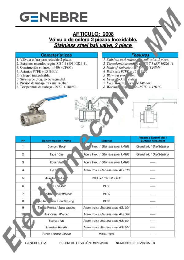 Válvula Esférica 2 Piezas Paso Total INOXIDABLE 1/2” – Genebre – Articulo 2008