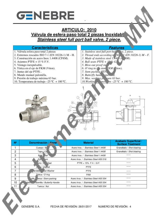 Válvula Esférica 2 Piezas Paso Total INOXIDABLE 3/8” – Genebre – Articulo 2010