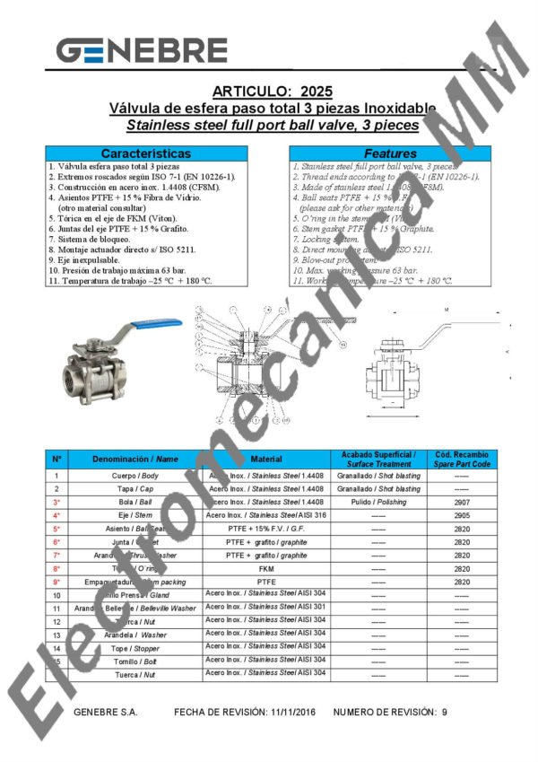 Válvula Esférica 3 Piezas Paso Total INOXIDABLE 1/2” – Genebre – Articulo 2025