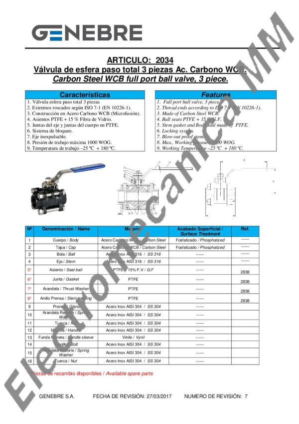 Válvula Esférica 3 Piezas Paso Total Esfera y Eje Inox.1/2” – Genebre – Articulo 2034