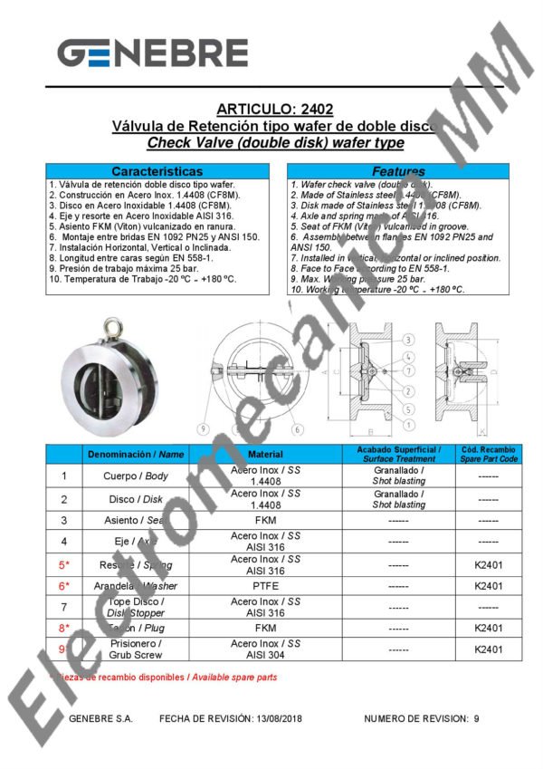 Válvula De Retención Doble Disco INOXIDABLE 2 1/2” – Genebre – Artículo 2402