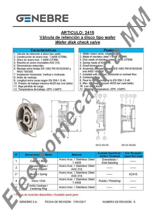 Válvula De Retención A Disco INOXIDABLE 5” – Genebre – Artículo 2415