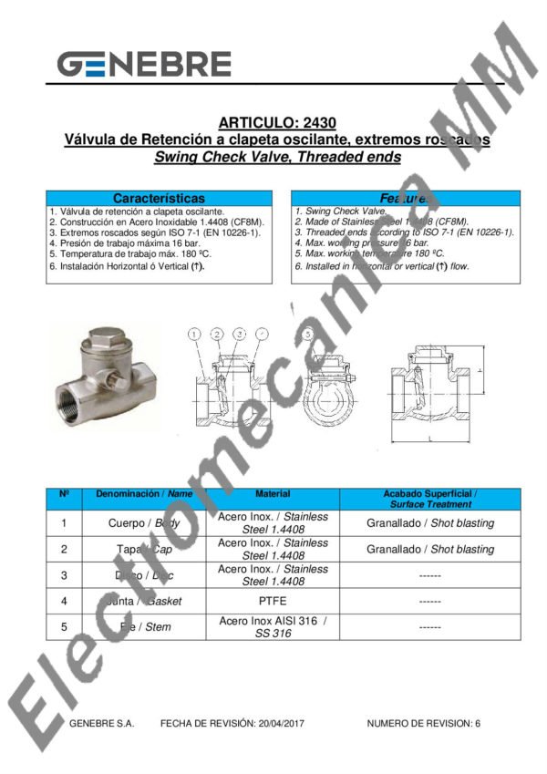 Válvula De Retención A Clapeta INOXIDABLE 1 1/4” – Genebre – Artículo 2430
