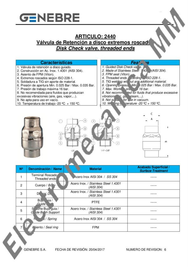 Válvula De Retención “Cromax” INOXIDABLE 1” – Genebre – Artículo 2440