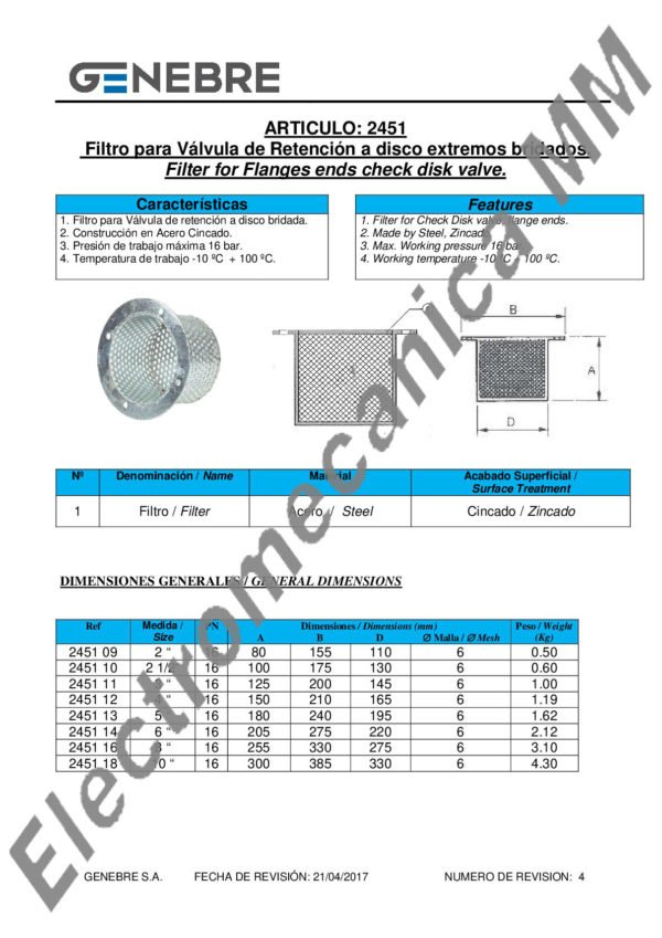 Filtro Colador Para Válvula De Retención A Disco 10” – Genebre – Artículo 2451