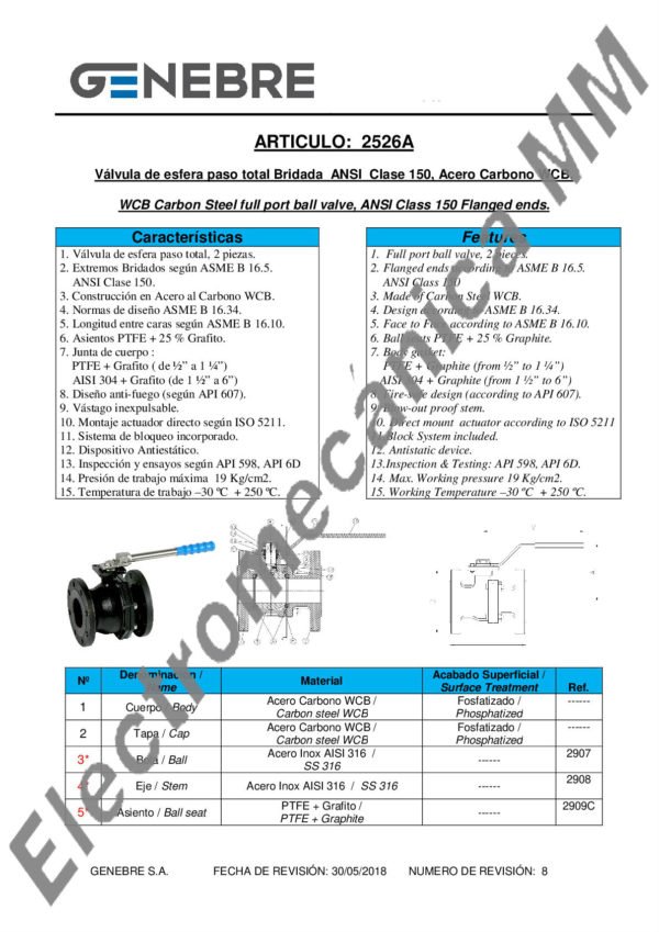 Válvula Esférica 2 Piezas Paso Total Esfera y Eje Inoxidable 3/4” – Genebre – Artículo 2526A