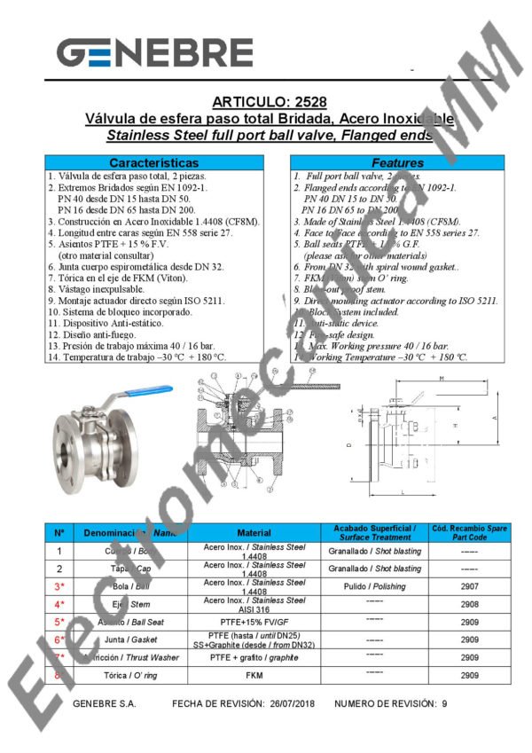 Válvula Esférica 2 Piezas Paso Total INOXIDABLE 1 1/4” – Genebre – Artículo 2528