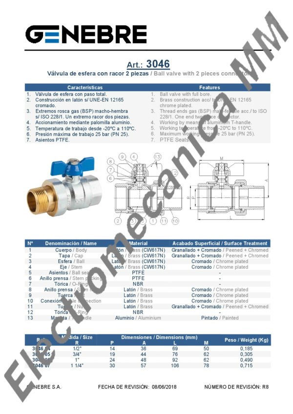 Válvula Esfera Paso Total 3/4″ – Genebre – Articulo 3046