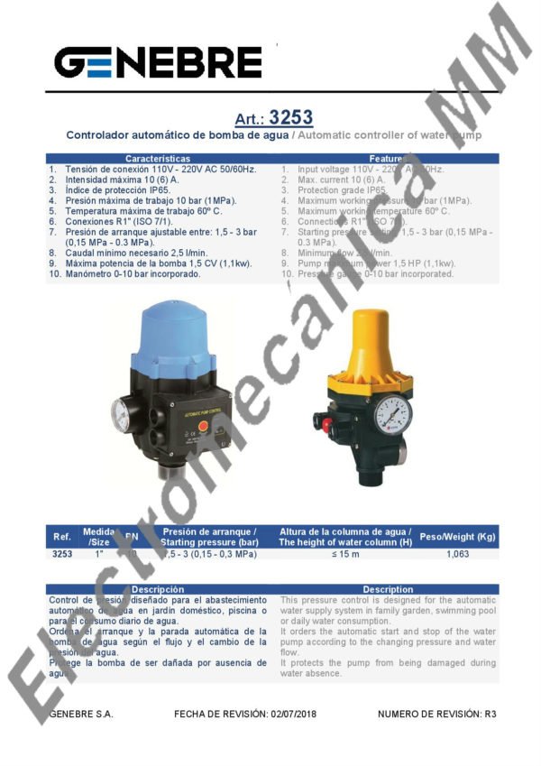 Controlador Automático De Bombas De Agua 1” x 1” – Genebre – Articulo 3252/3