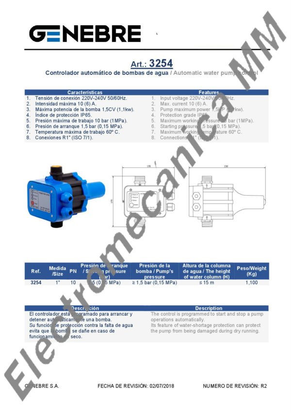 Controlador Automático De Bombas De Agua 1” x 1”- Genebre – Articulo 3254