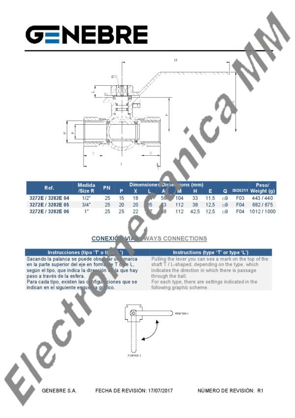 Válvula Esfera 3 Vías Paso Total 1/2″ – Genebre – Articulo 3282E