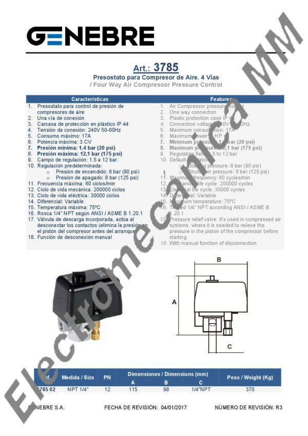 Presostato 4 Vía Para Aire – 1/4”NPT – Genebre – Articulo 3785