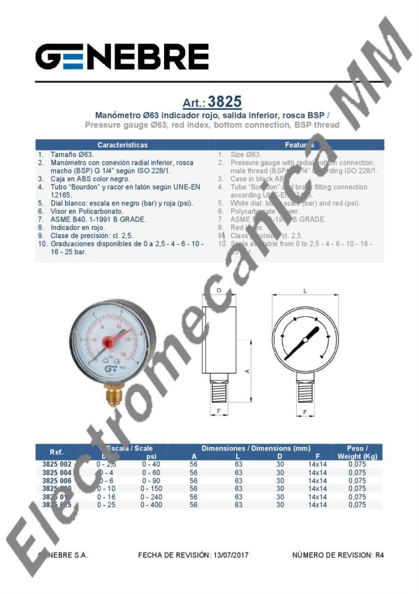 Manómetro Ø 63. Salida Inferior, Rosca Bsp  0 – 16 – Genebre – Articulo 3825