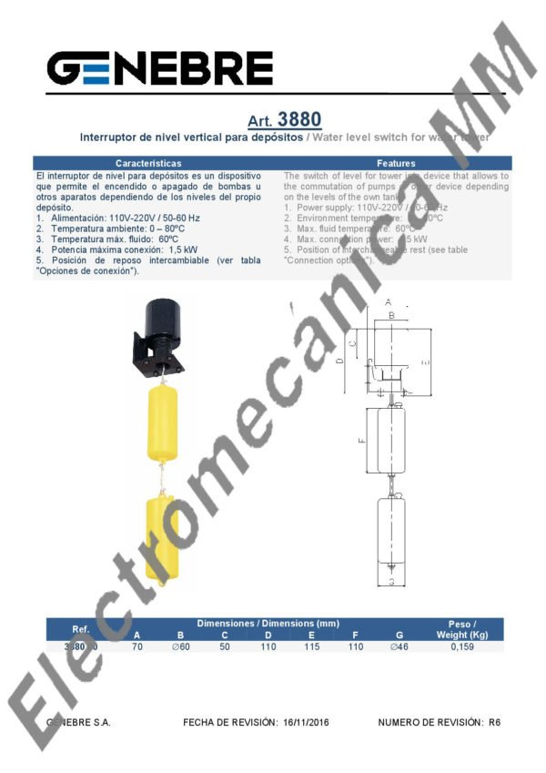 Interruptor De Nivel Vertical – Genebre – Articulo 3880