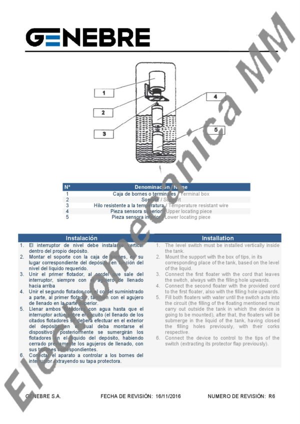 Interruptor De Nivel Vertical – Genebre – Articulo 3880