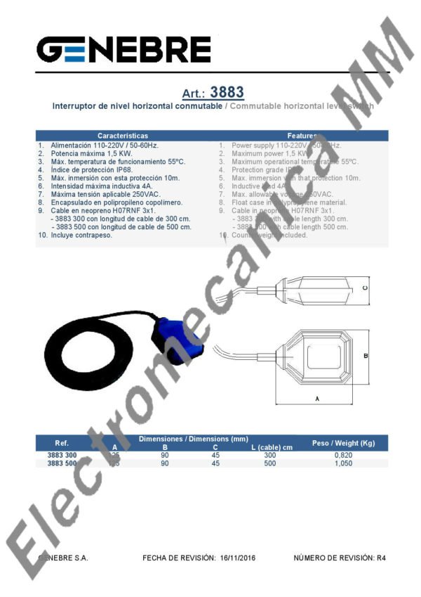 Interruptor De Nivel Vertical – Genebre – Articulo 3883