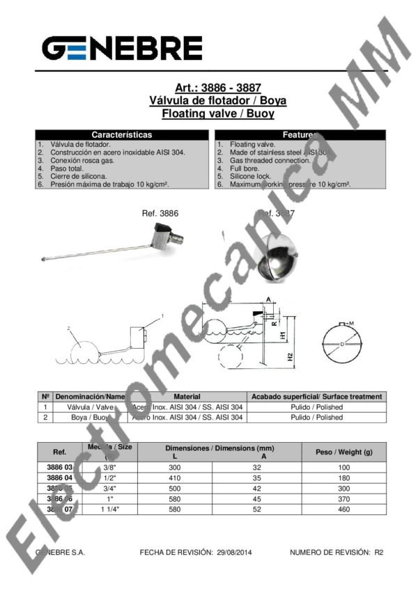 Boya Para Válvula De Flotador INOXIDABLE 90 mm – Genebre – Articulo 3887