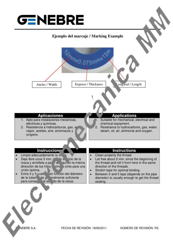 Cinta “PTFE” Puro (>99%) 12 m – Genebre – Articulo 3950