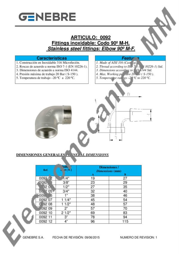 Codo 90º M-H Inoxidable 2 1/2″- Genebre – Artículo 0092