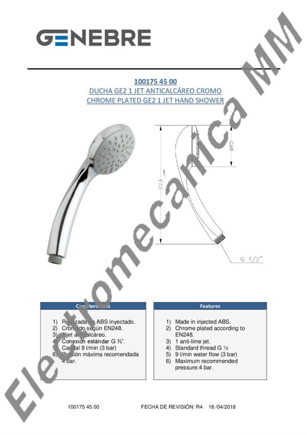 Mango Ducha (1 Jet) Anticalcareo – Genebre – Artículo 100175 45 00