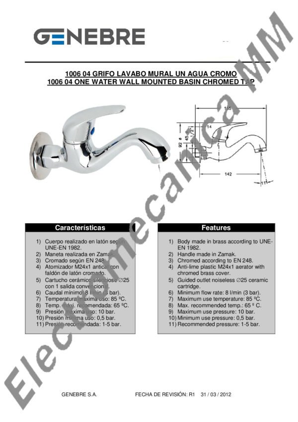 Monocomando Pared 1 Agua Classic – Genebre – Artículo 1006 04