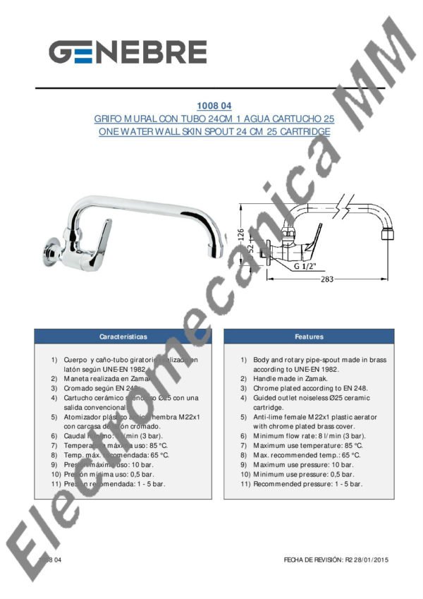 Monocomando Pared Caño 24cm 1 Agua – Genebre – Artículo 1008 04