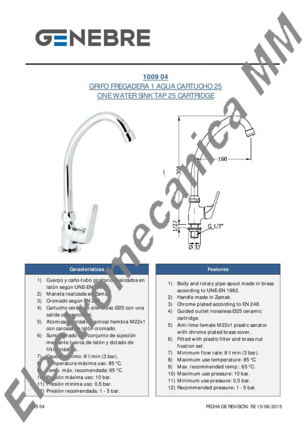 Monocomando Mesada Caño Alto 1 Agua – Genebre – Artículo 1009 04