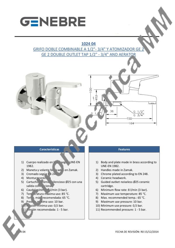 Monocomando Pared Con Salida Lavarropa – Genebre – Artículo 1024 04