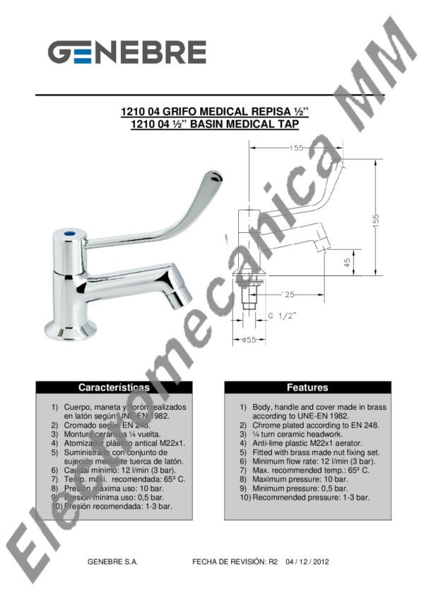 Grifo Medical Ø1/2″ Mesada – Genebre – Artículo 1210 04