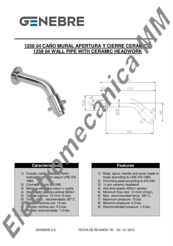 Caño Mural Mont.Ceramica 1/2″ – Genebre – Artículo 1258 04