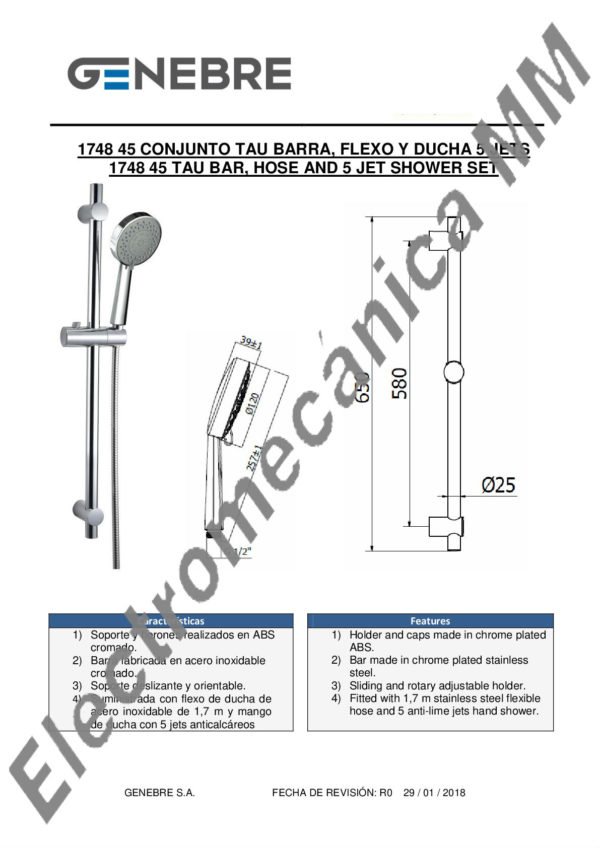 Conjunto Barra, Flexo Y Ducha 5 jets Cromo (Caja) – Genebre – Artículo 1748 45