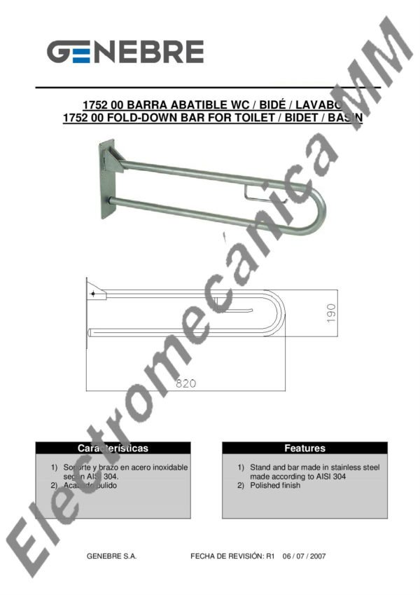 Barra Abatible Inodoro-Bide-Lavatorio C/Portarrollo – Genebre – Artículo 1752 00
