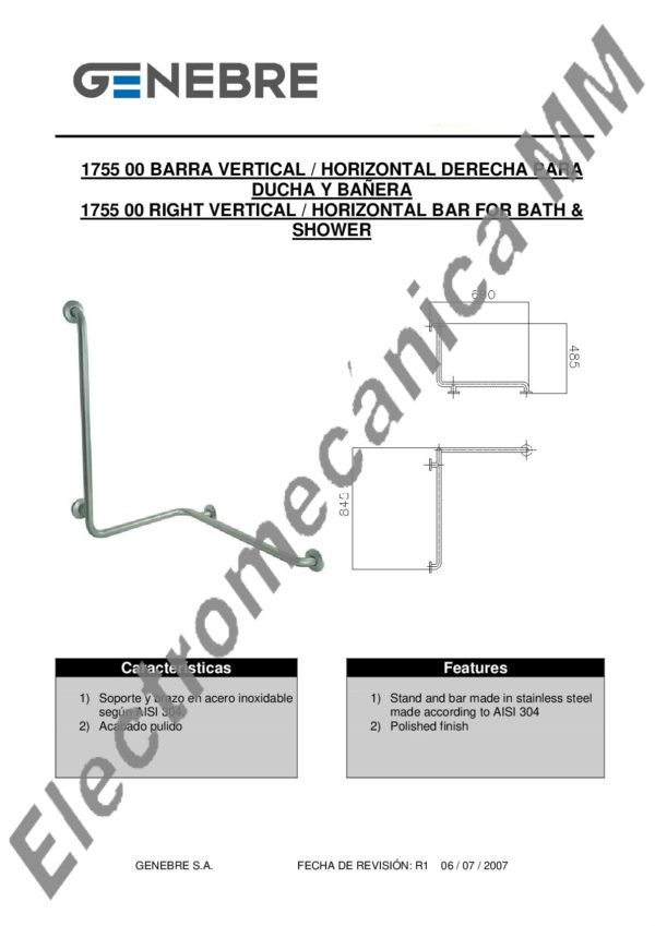 Barra Vert.-Horiz. Derecha Fija P/ Duchas Y Bañeras – Genebre – Artículo 1755 00