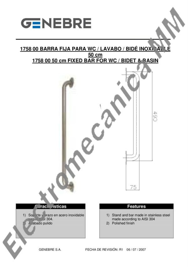 Barra Fija Bañera Inox 50cm – Genebre – Artículo 1758 00