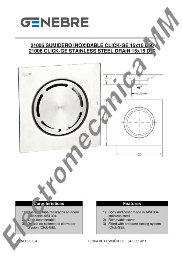 Rejilla 15 X 15 Inoxidable D.50 – Genebre – Artículo 21006