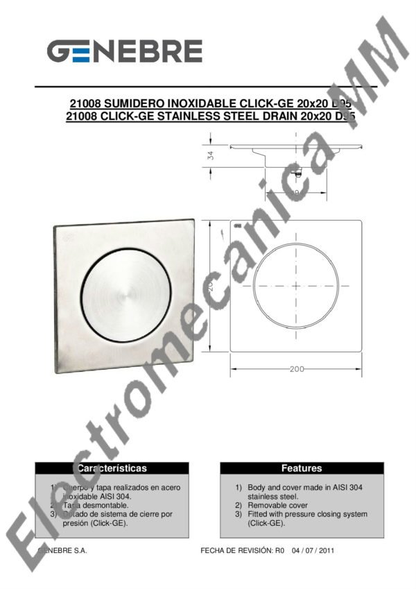 Rejilla 20 X 20 Inoxidable D.95 – Genebre – Artículo 21008