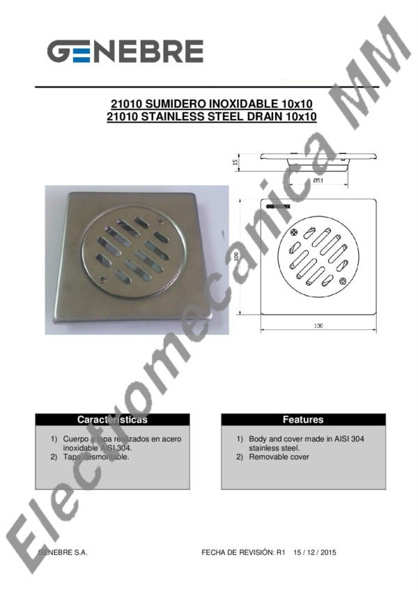 Rejilla 10 X 10 Inoxidable D.50 – Genebre – Artículo 21010