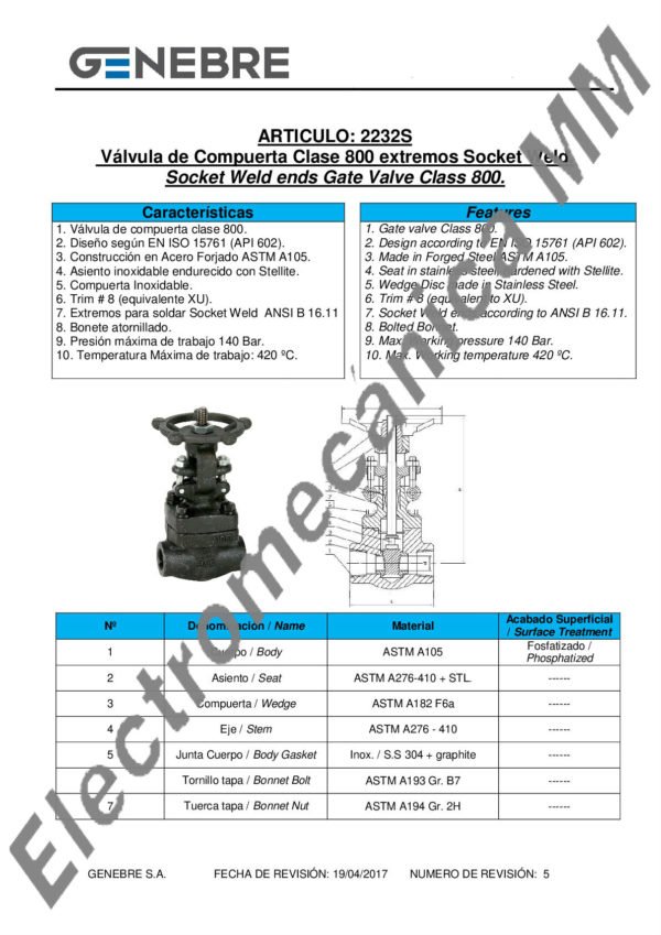 Válvula Esclusa Clase 800 3/4” – Genebre – Artículo 2232S