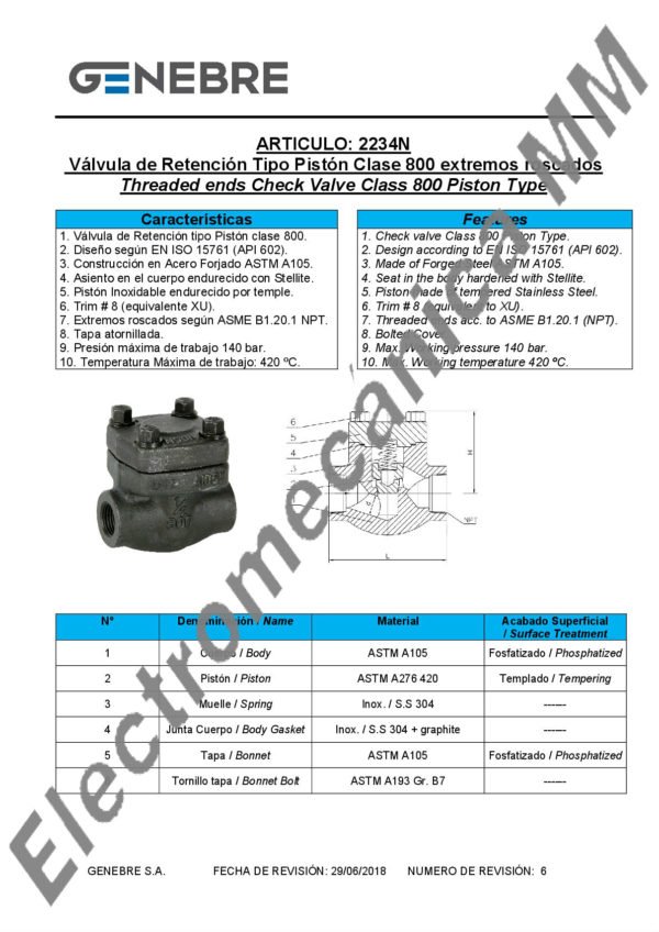 Válvula de Retención Clase 800 1” – Genebre – Artículo 2234N