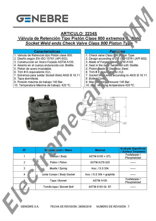 Válvula de Retención Clase 800 1/2” – Genebre – Artículo 2234S