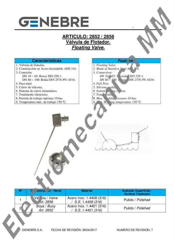 Boya Para Flotador INOXIDABLE 1/2” – Genebre – Artículo 2852