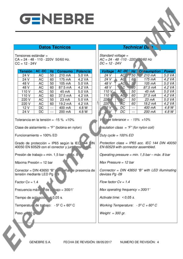 Electroválvula Namur  110 Volt A.C. – Genebre – Artículo 4519