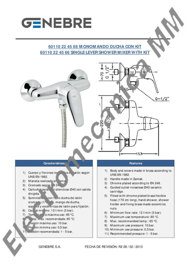 Monocomando De Ducha Con Kit – Genebre – Artículo 60110 22 45 66