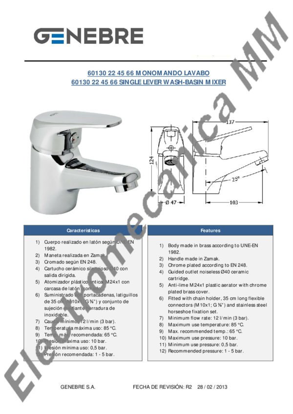 Monocomando Lavatorio – Genebre – Artículo 60130 22 45 66