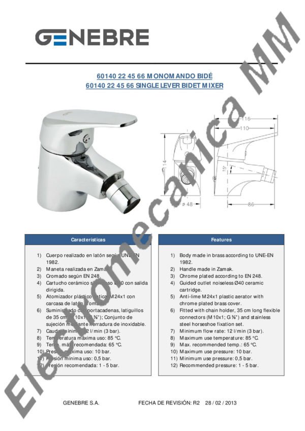 Monocomando Bidé Europeo – Genebre – Artículo 60140 28 45 66