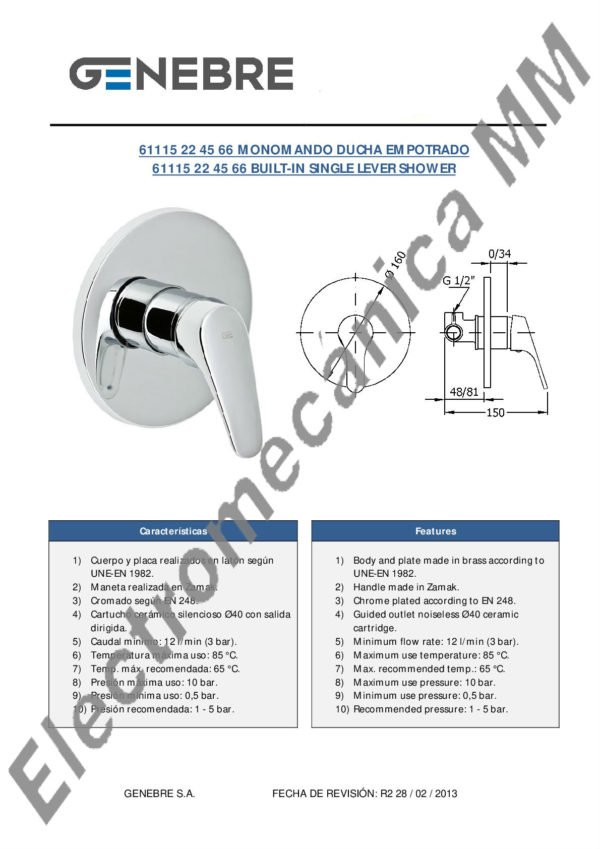 Monocomando Ducha Empotrado – Genebre – Artículo 61115 22 45 66