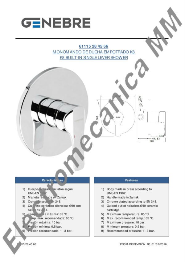 Monocomando Ducha Empotrado – Genebre – Artículo 61115 28 45 66