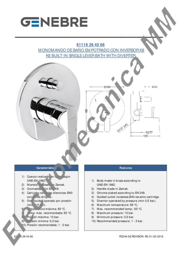 Monocomando Baño Empotrado Con Inversor – Genebre – Artículo 61116 28 45 66