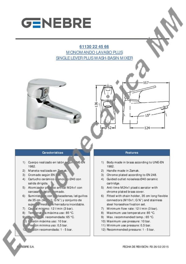 Monomando Lavatorio Plus – Genebre – Artículo 61130 22 45 66