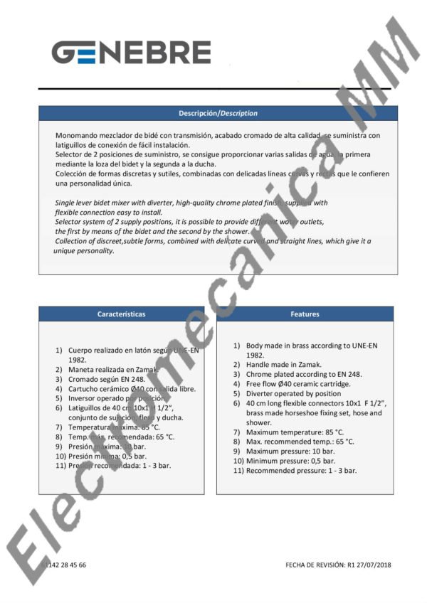 Monocomando Bidé Americano – Genebre – Artículo 61142 28 45 66